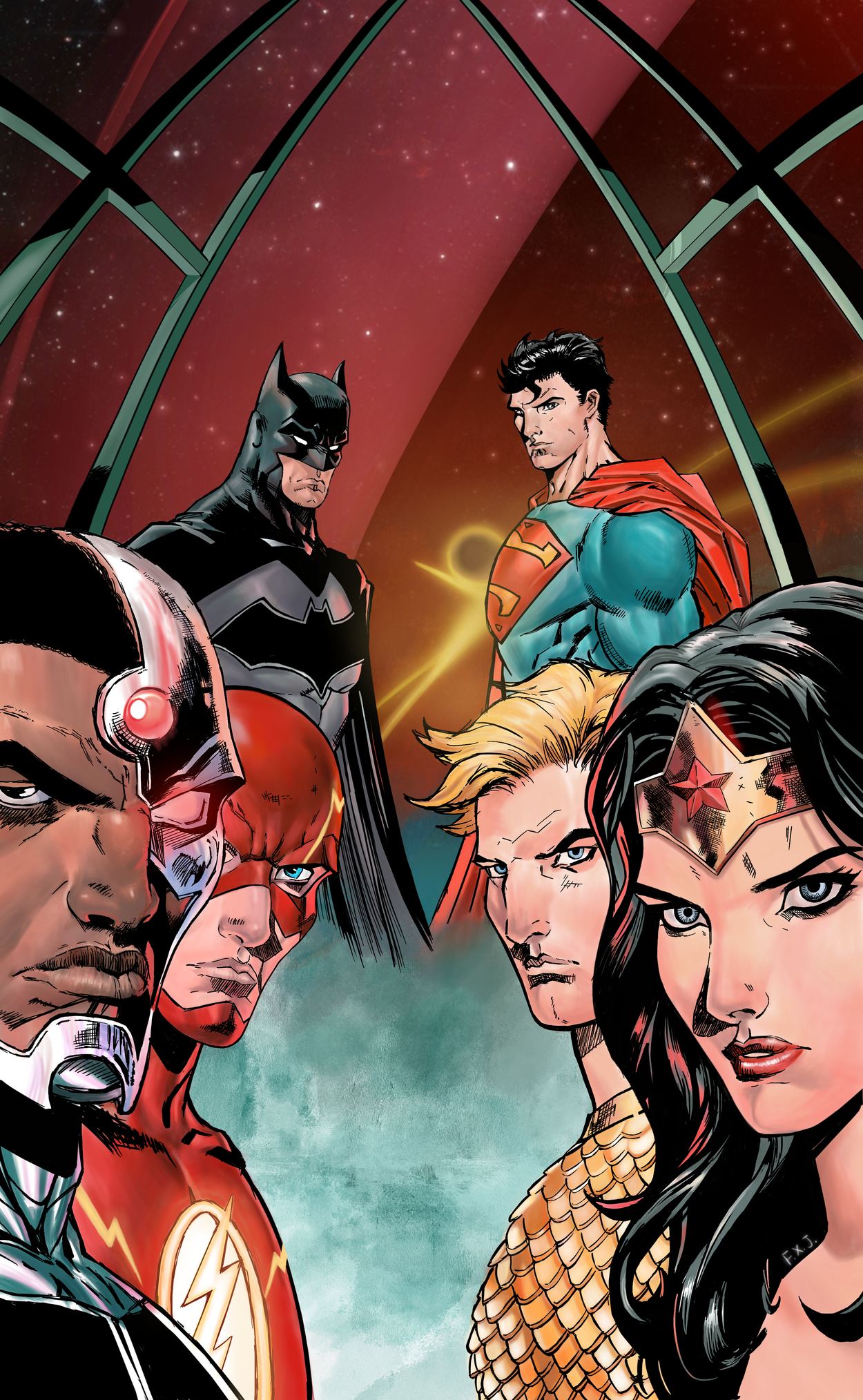 Justice League. Hand-drawn fan art in a hard-inked comic style.